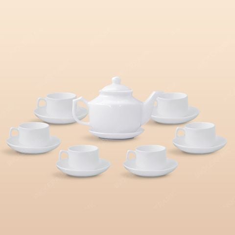 Bộ ấm trà vuông thấp men trắng in logo