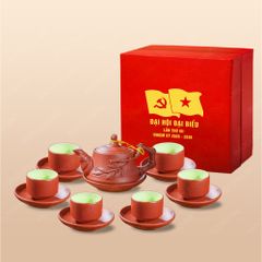 Quà tặng Đại hội Đảng - Bộ ấm trà Nhã Viên tử sa đỏ trúc đắp nổi