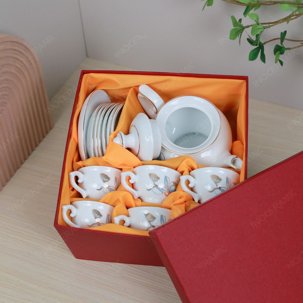 Bộ ấm trà Đài Các sen xanh kẻ vàng