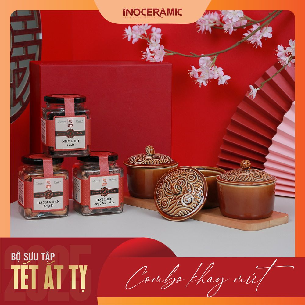 Giftset Vị xuân INO001 - Bộ khay mứt vân sóng + 03 hộp mứt