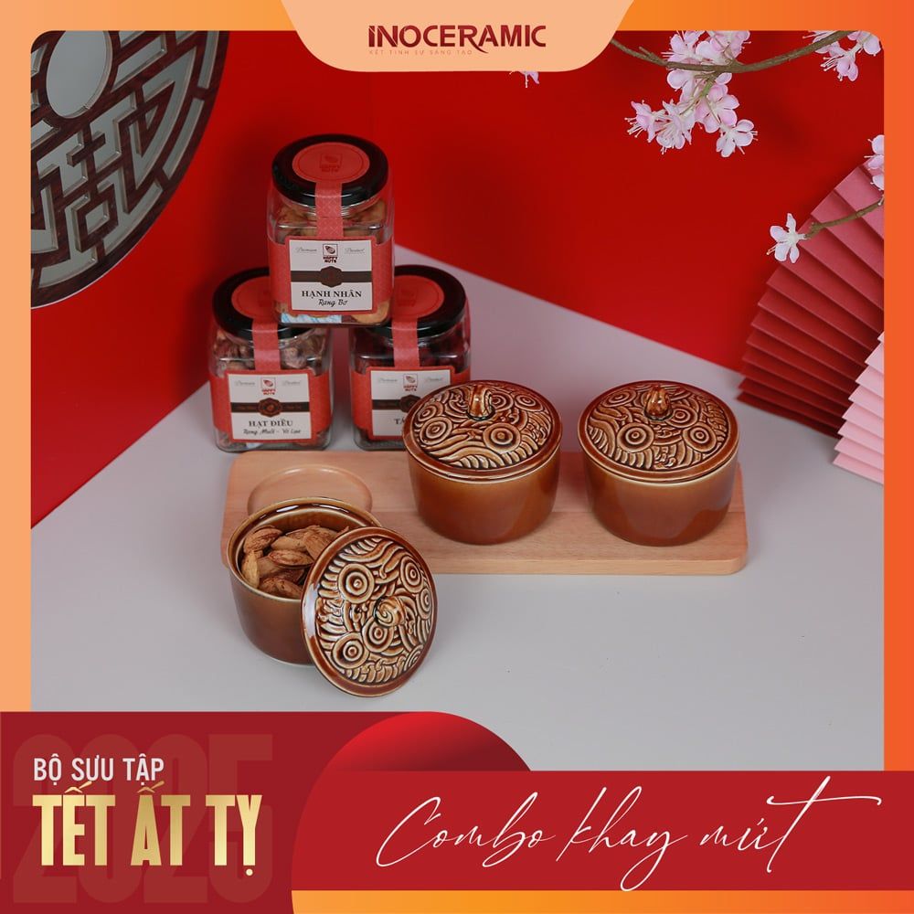 Giftset Vị xuân INO001 - Bộ khay mứt vân sóng + 03 hộp mứt