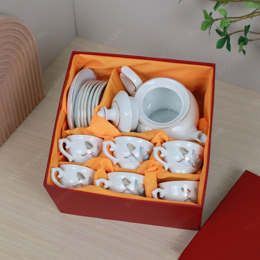 Bộ ấm trà Đài Các sen xanh kẻ vàng