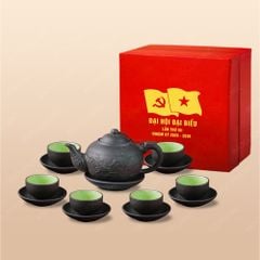 Quà tặng Đại hội Đảng - Bộ ấm trà Nguyệt Lãm tử sa đen khắc rồng