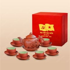 Quà tặng Đại hội Đảng - Bộ ấm trà Châu Hoa tử sa đỏ phù dung đắp nổi