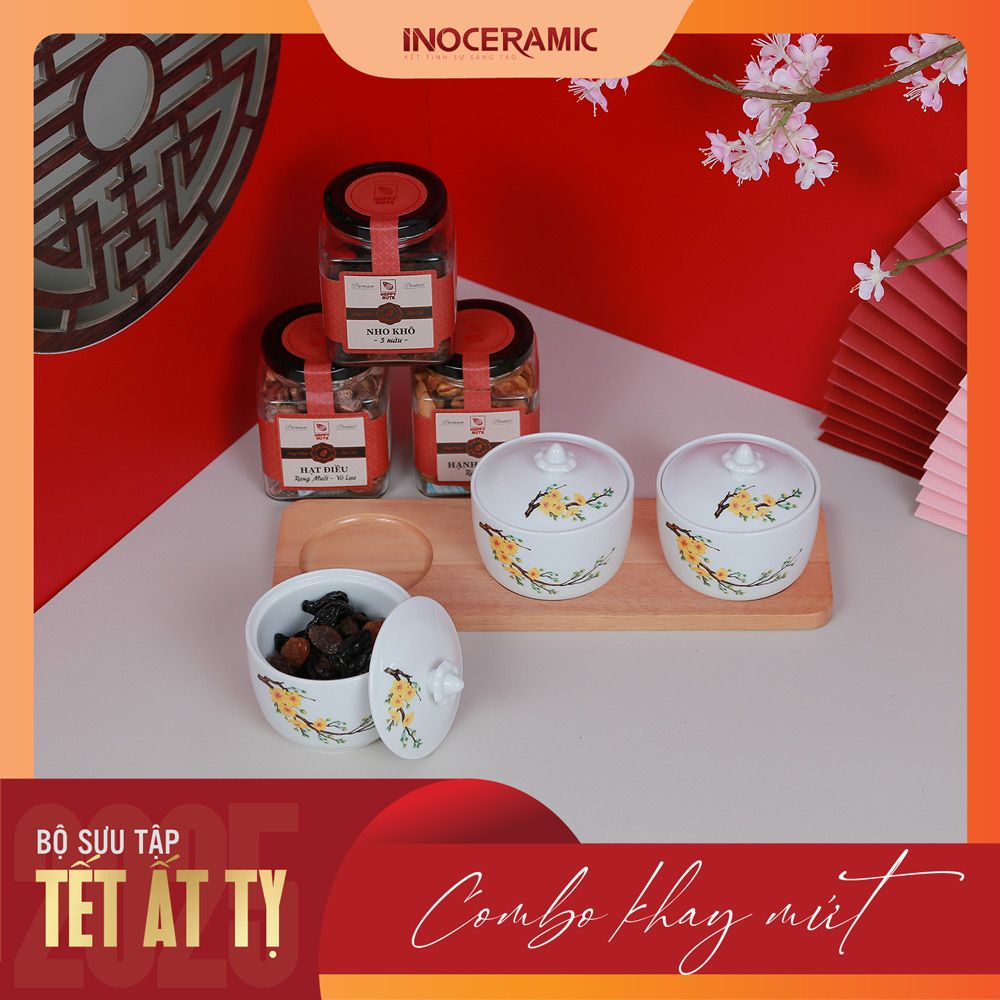 Giftset Vị xuân INO002 - Bộ khay mứt hoa mai + 03 hộp mứt