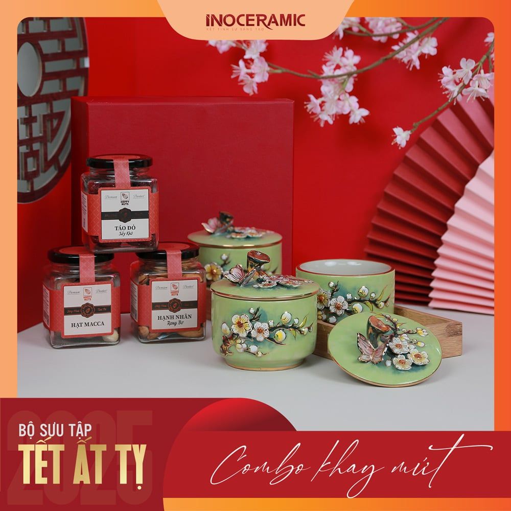 Giftset Vị xuân INO003 - Bộ khay mứt hoa đào đắp nổi kẻ vàng + 03 hộp mứt