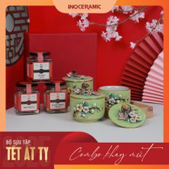 Giftset Vị xuân INO003 - Bộ khay mứt hoa đào đắp nổi kẻ vàng + 03 hộp mứt