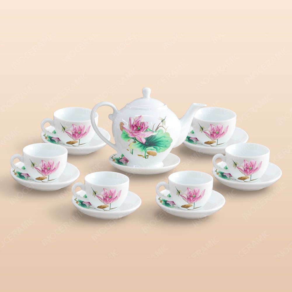 Bộ ấm trà Camelia sen hồng kẻ chỉ vàng