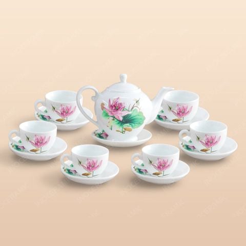 Bộ ấm trà Camelia sen hồng kẻ chỉ vàng