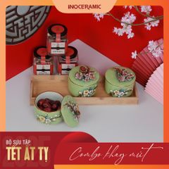 Giftset Vị xuân INO003 - Bộ khay mứt hoa đào đắp nổi kẻ vàng + 03 hộp mứt