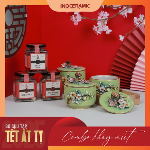 Giftset Vị xuân INO003 - Bộ khay mứt hoa đào đắp nổi kẻ vàng + 03 hộp mứt
