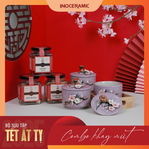 Giftset Vị xuân INO004 - Bộ khay mứt hoa đào đắp nổi + 03 hộp mứt
