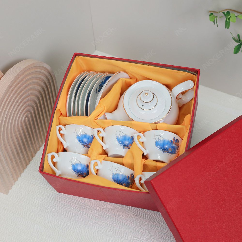 Bộ ấm trà Đài Các sen chuồn xanh chỉ vàng