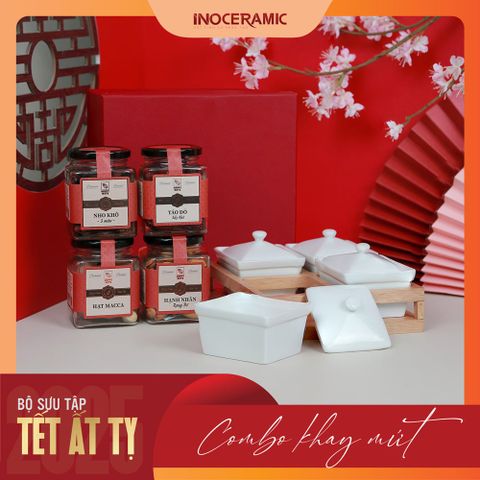 Giftset Vị xuân INO005 - Bộ khay mứt hũ chữ nhật men trắng + 04 hộp mứt