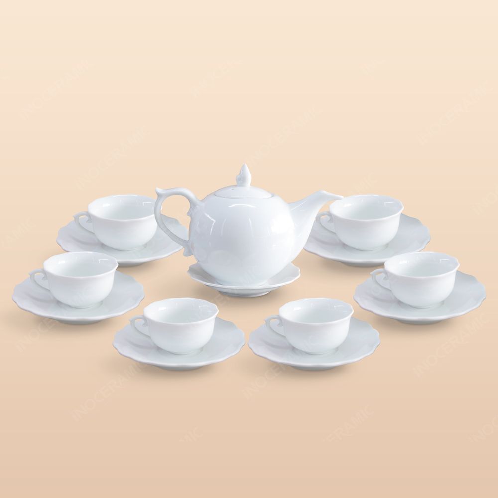 Bộ ấm trà Mẫu Đơn men trắng in logo