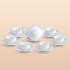 Bộ ấm trà Mẫu Đơn men trắng in logo