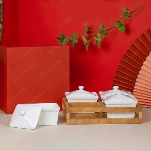 Bộ 04 hũ mứt chữ nhật men trắng