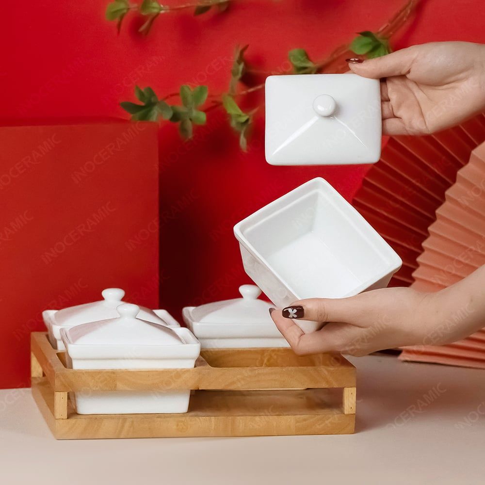 Bộ 04 hũ mứt chữ nhật men trắng