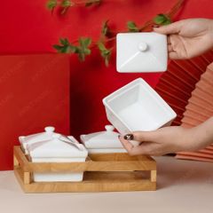 Bộ 04 hũ mứt chữ nhật men trắng