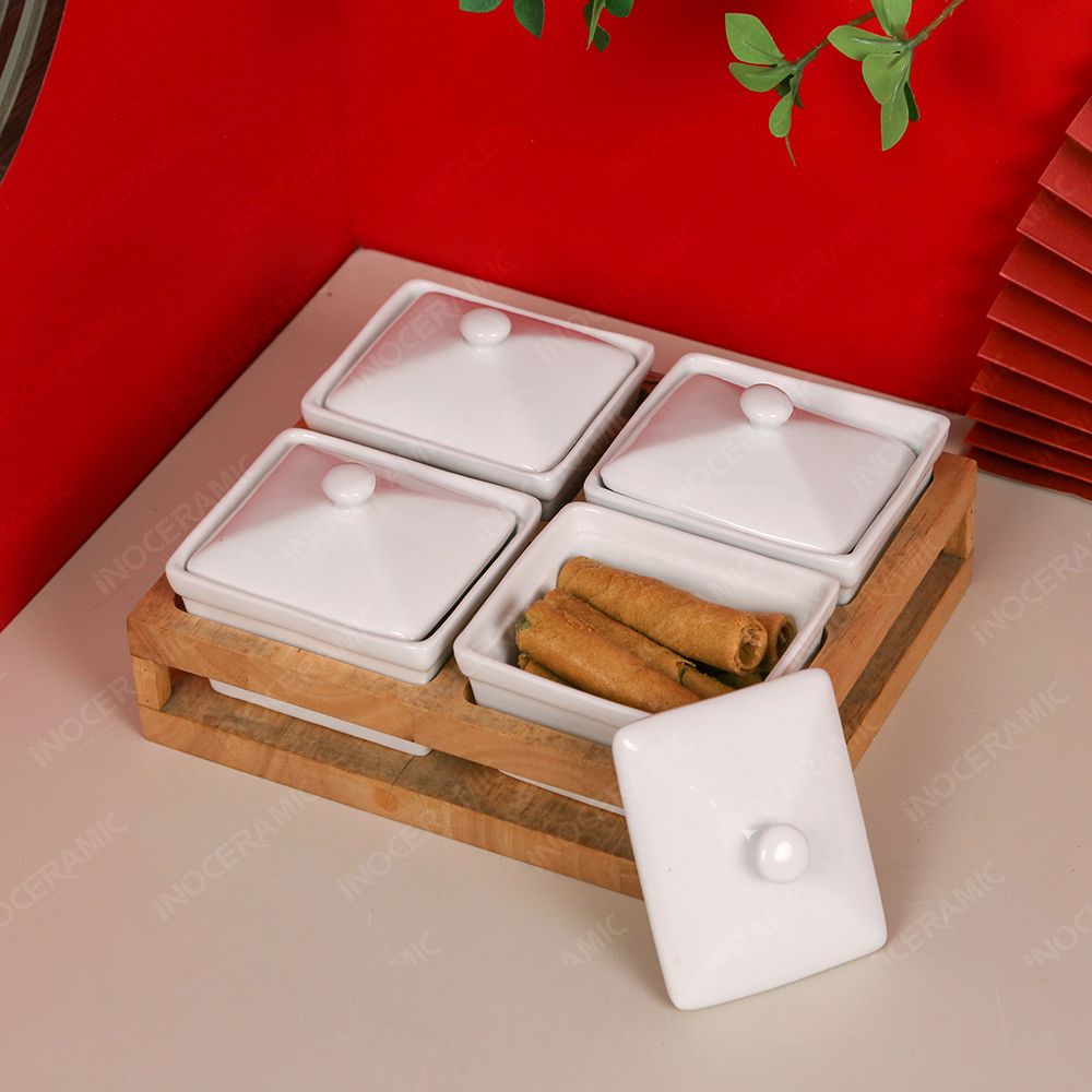Bộ 04 hũ mứt chữ nhật men trắng