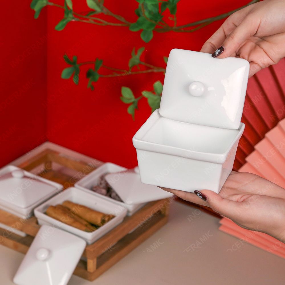 Bộ 04 hũ mứt chữ nhật men trắng