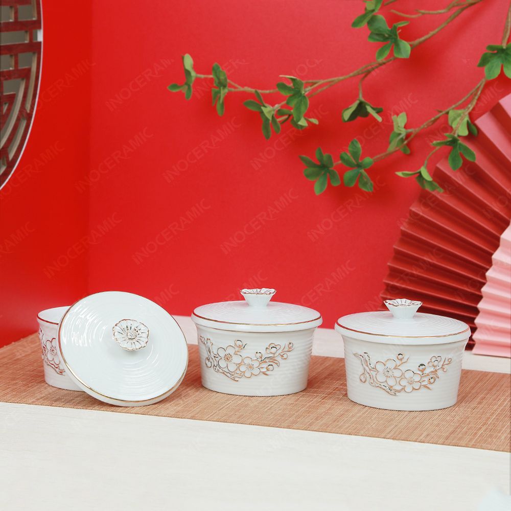 Combo 3 hũ mứt men trắng vẽ vàng Bát Tràng – Quà Tết doanh nghiệp cao cấp