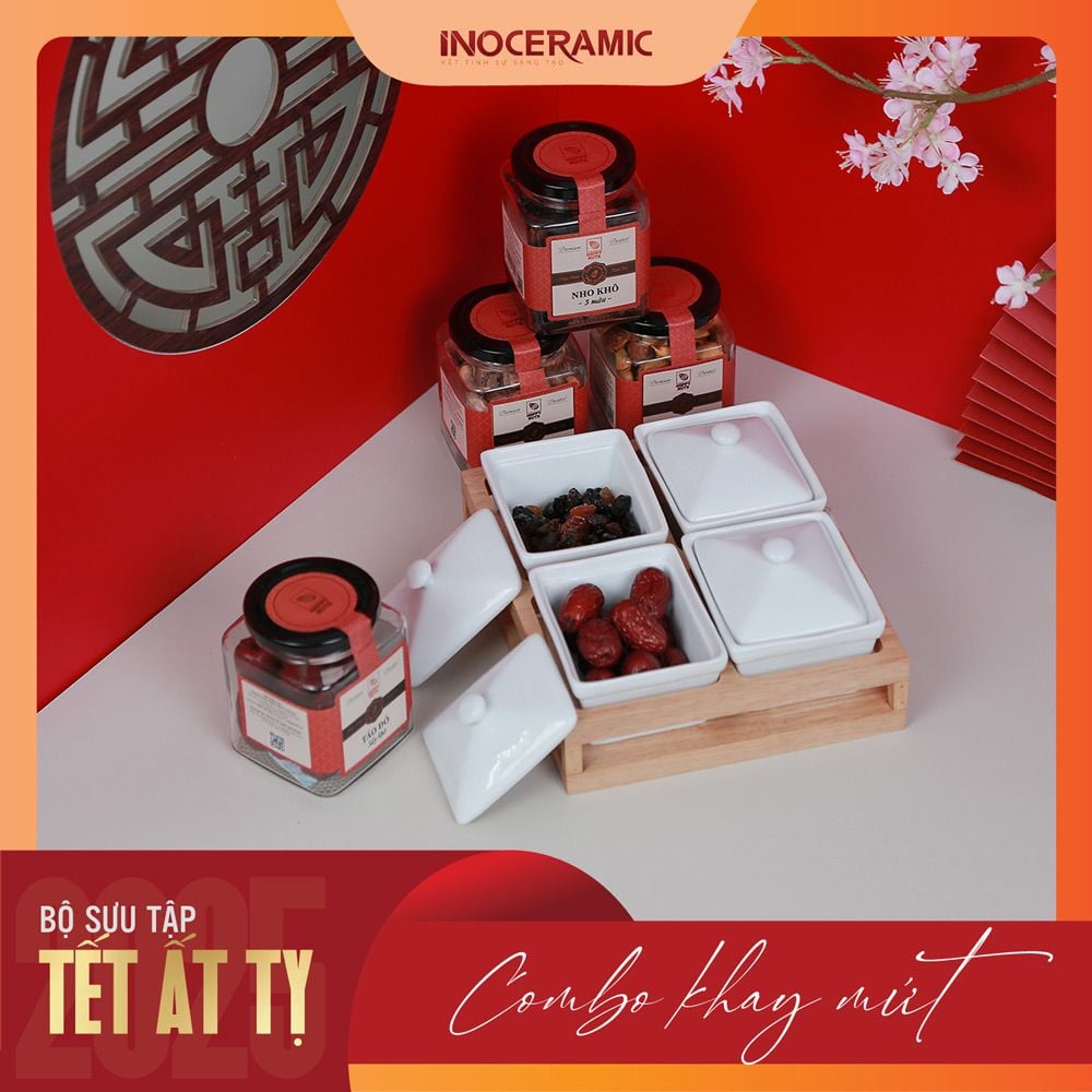Giftset Vị xuân INO005 - Bộ khay mứt hũ chữ nhật men trắng + 04 hộp mứt