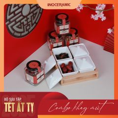 Giftset Vị xuân INO005 - Bộ khay mứt hũ chữ nhật men trắng + 04 hộp mứt
