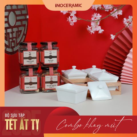 Giftset Vị xuân INO005 - Bộ khay mứt hũ chữ nhật men trắng + 04 hộp mứt