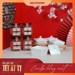 Giftset Vị xuân INO005 - Bộ khay mứt hũ chữ nhật men trắng + 04 hộp mứt