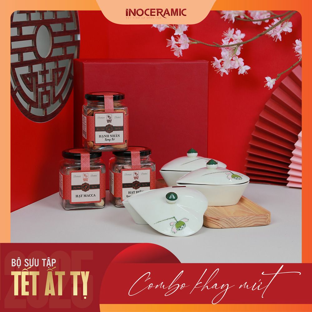 Giftset Vị xuân INO006 - Bộ khay mứt hũ tim vẽ đài sen + 04 hộp mứt