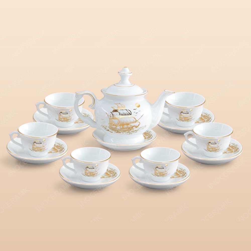 Bộ ấm trà Đài Các Thuận buồm kẻ chỉ vàng