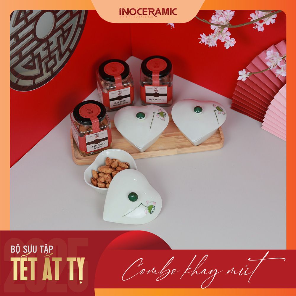 Giftset Vị xuân INO006 - Bộ khay mứt hũ tim vẽ đài sen + 04 hộp mứt