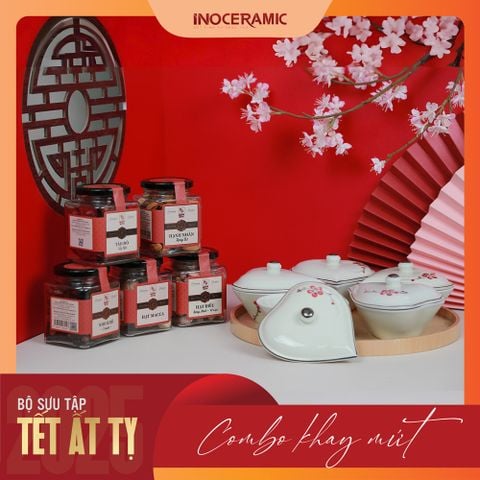 Giftset Vị xuân INO008 - Bộ khay mứt hũ tim vẽ đài sen + 05 hộp mứt