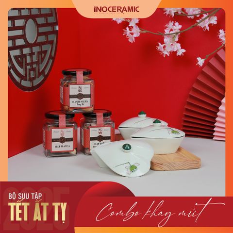 Giftset Vị xuân INO006 - Bộ khay mứt hũ tim vẽ đài sen + 04 hộp mứt