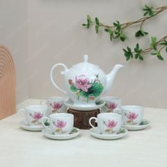 Bộ ấm trà Camelia sen hồng kẻ chỉ vàng