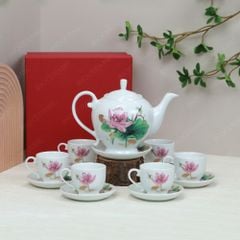 Bộ ấm trà Camelia sen hồng kẻ chỉ vàng