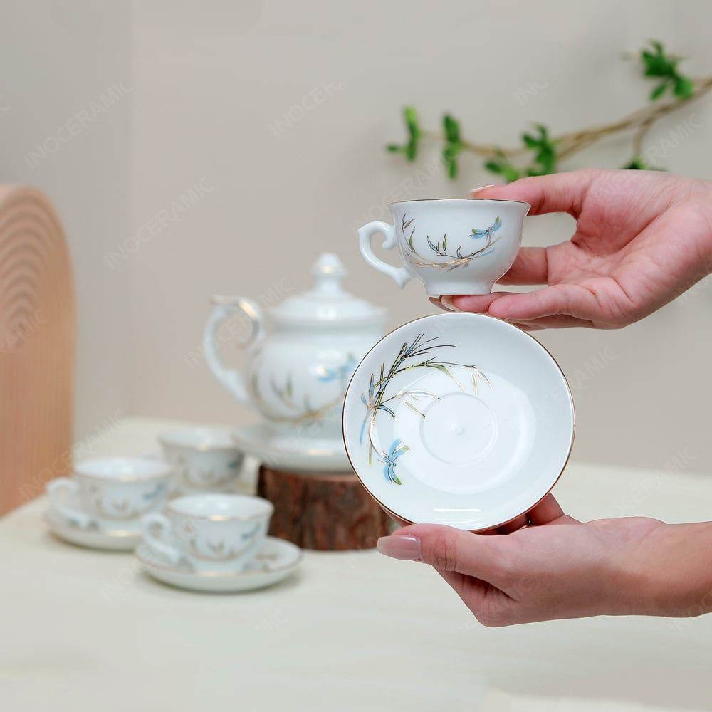 Bộ ấm trà Đài Các thanh trúc kẻ vàng