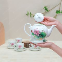 Bộ ấm trà Camelia sen hồng kẻ chỉ vàng