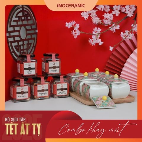 Giftset Vị xuân INO007 - Bộ khay mứt hũ vuông bầu + 06 hộp mứt