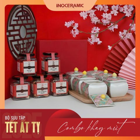 Giftset Vị xuân INO007 - Bộ khay mứt hũ vuông bầu + 06 hộp mứt