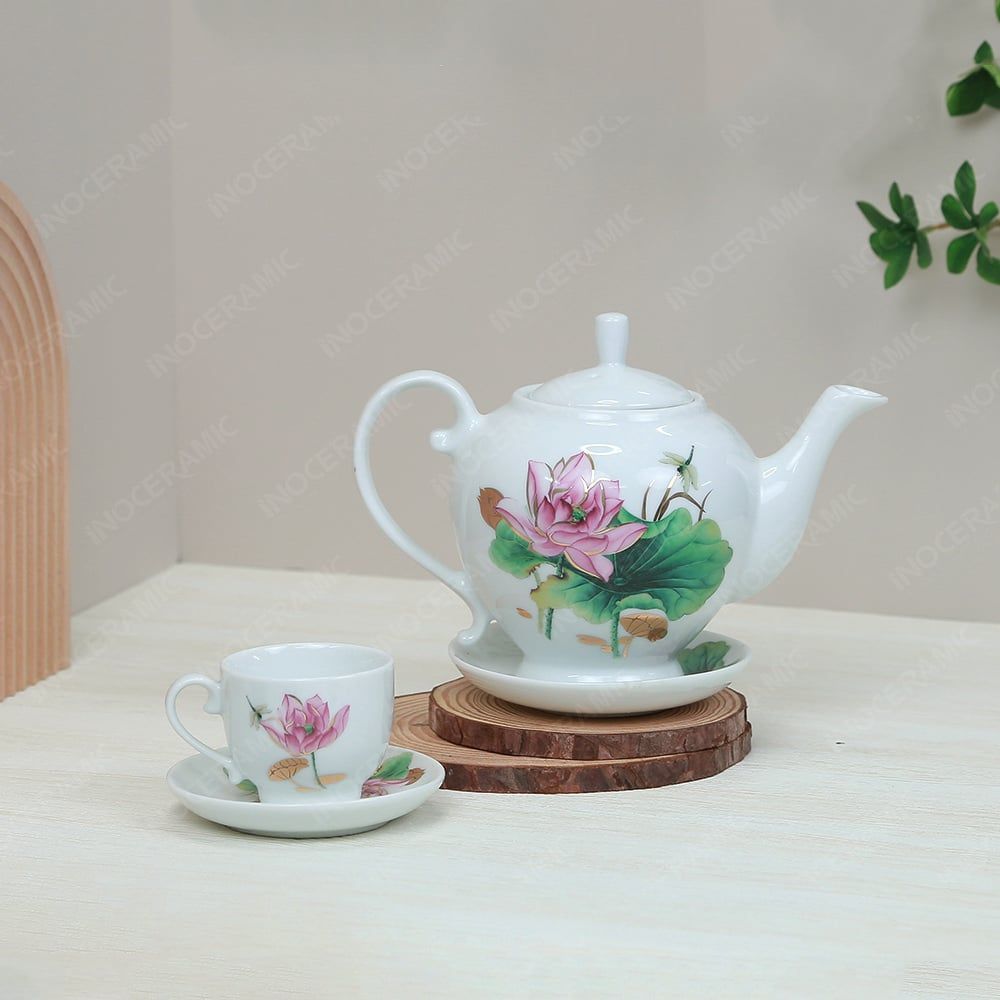 Bộ ấm trà Camelia sen hồng kẻ chỉ vàng