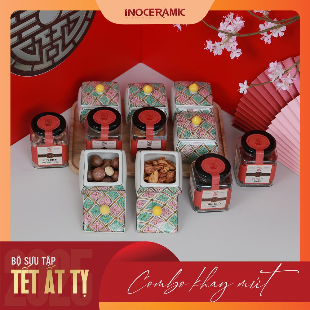 Giftset Vị xuân INO007 - Bộ khay mứt hũ vuông bầu + 06 hộp mứt