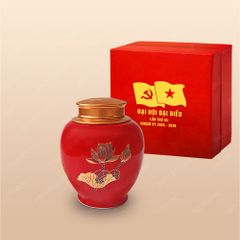Quà tặng Đại hội Đảng - Hũ trà men đỏ sen vàng 250gr