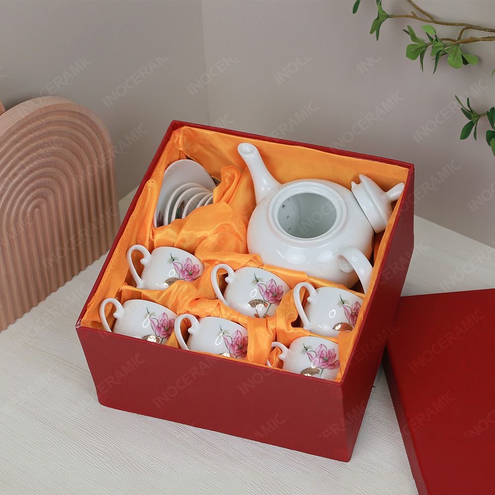 Bộ ấm trà Camelia sen hồng kẻ chỉ vàng