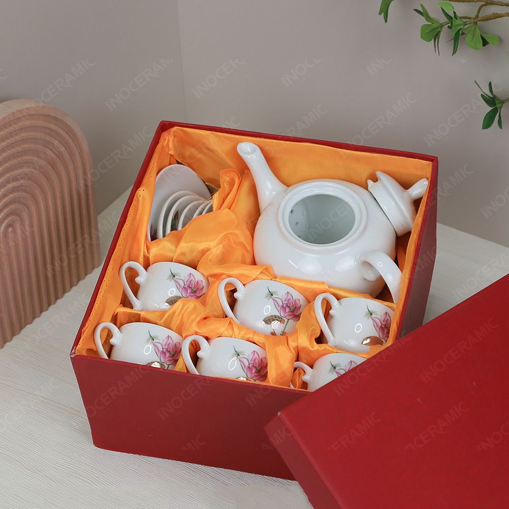 Bộ ấm trà Camelia sen hồng kẻ chỉ vàng