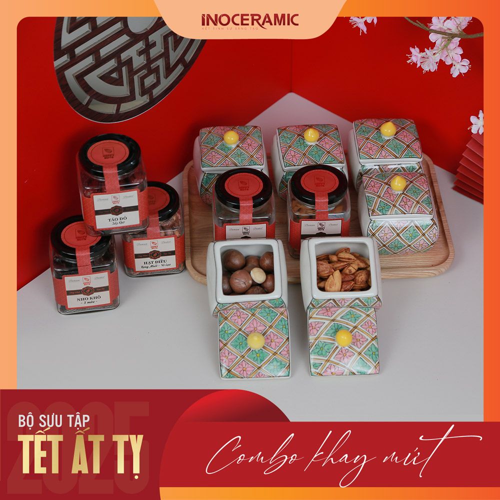 Giftset Vị xuân INO007 - Bộ khay mứt hũ vuông bầu + 06 hộp mứt