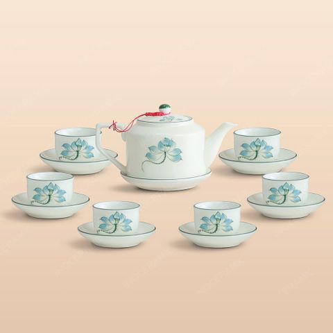 Bộ ấm trà dáng ấm men ngà sen xanh vẽ tay
