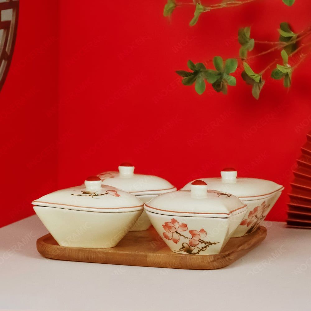 Bộ hũ mứt tim vẽ sen hồng