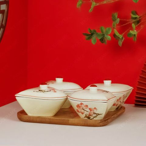 Bộ hũ mứt tim vẽ sen hồng